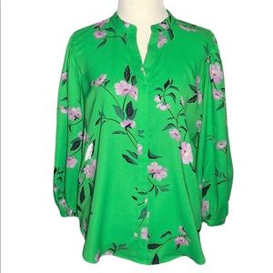 Ann Taylor 3/4 Balloon Sleeve Top, Purple Flower Print on Green, Sz S, Like New